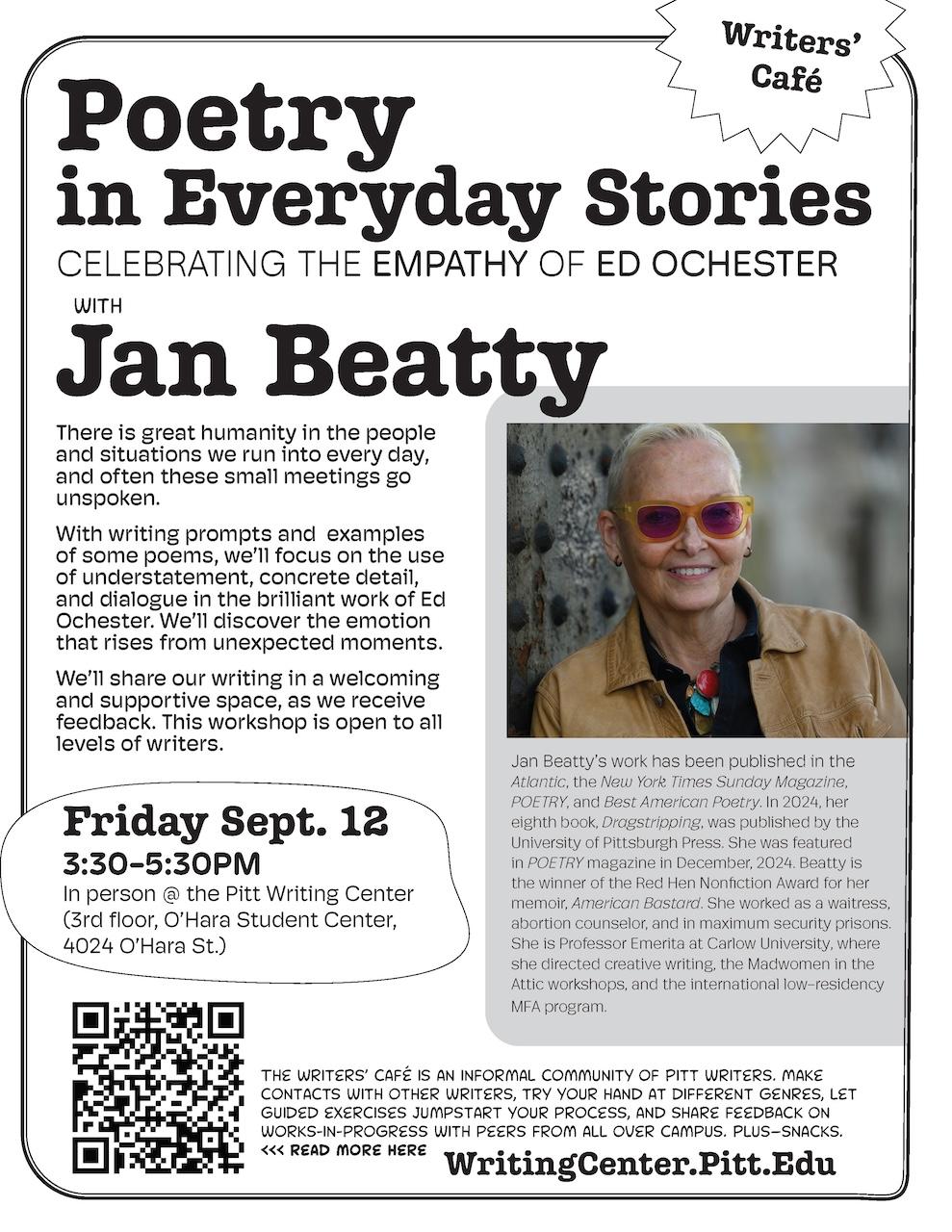 Flyer for Writers' Cafe with image of author Jan Beatty and title Poetry in Everyday Stories