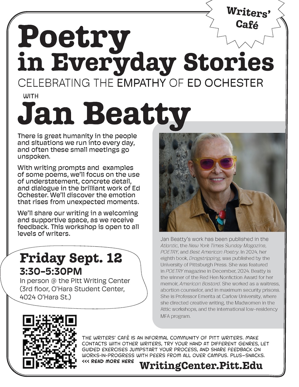 Flyer for Writers' Café with head and shoulder photo of facilitator Jan Beatty. She has very short hair and pink-tinted glasses.