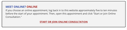 Screenshot of online appointment instructions