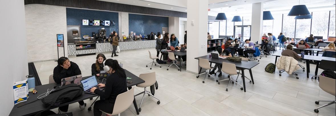 Various groups of students sit at tables in a communal cafe area