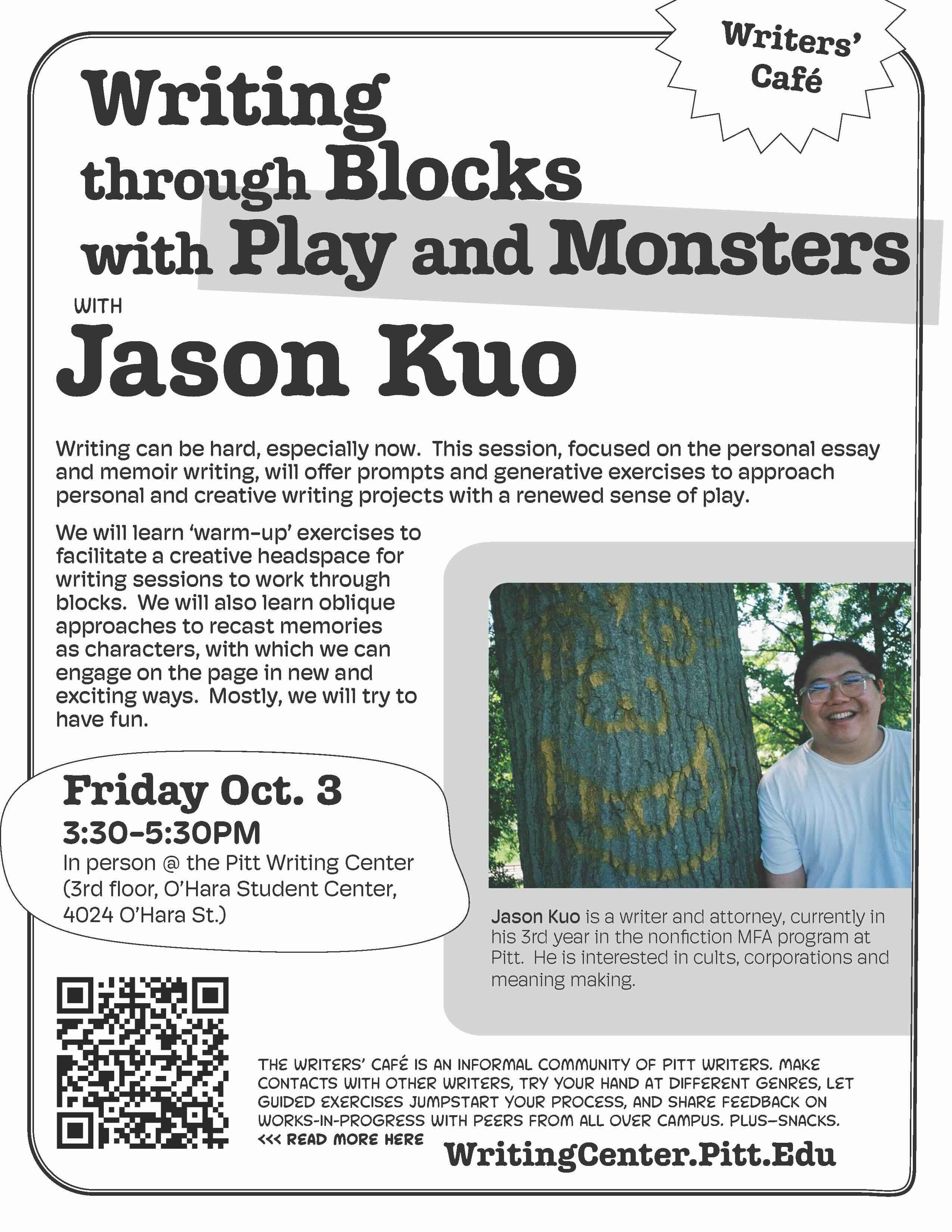 Flyer for Writers' Cafe October 3, 2025 titled "Writing Through Blocks with Creative Play" with Jason Kuo. More information on the Writers' Cafe page.